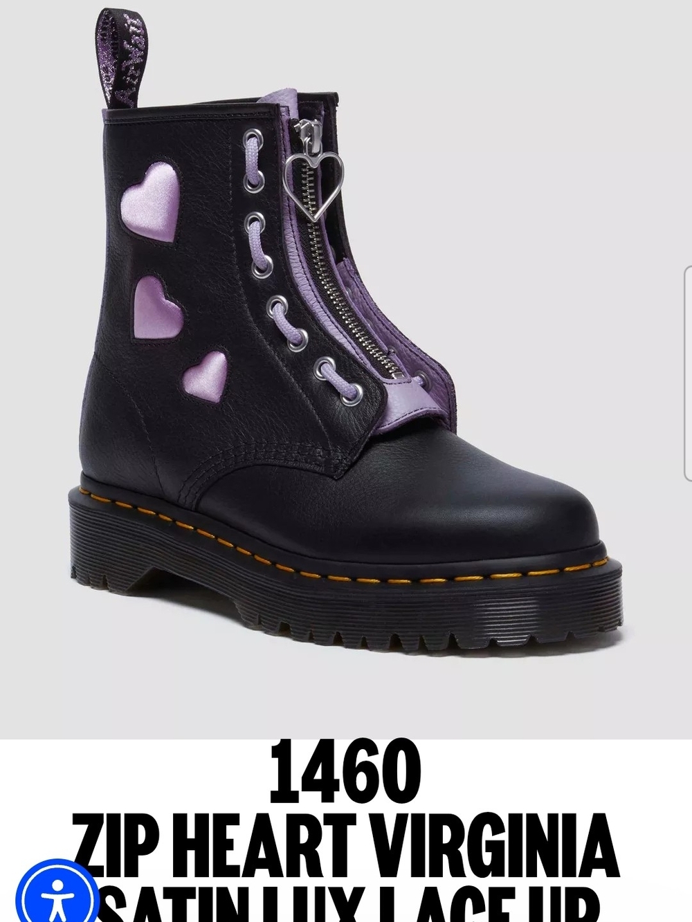 Dr. Martens Black Leather Zip Heart Boot with Lavender Accents